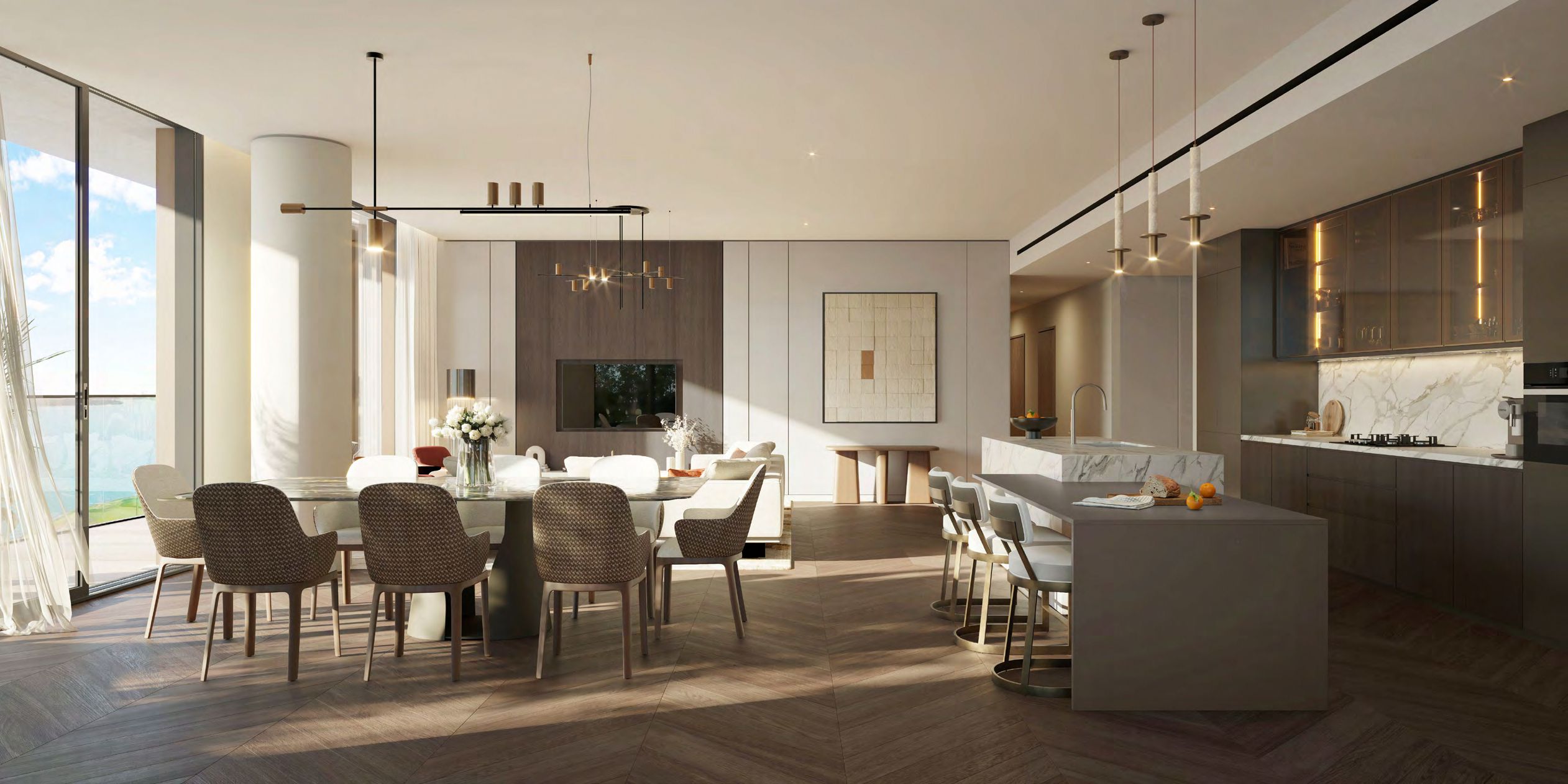 Waldorf Astoria Residences Yas dining area with kitchen on Yas Island featuring sophisticated interiors and contemporary luxury design.