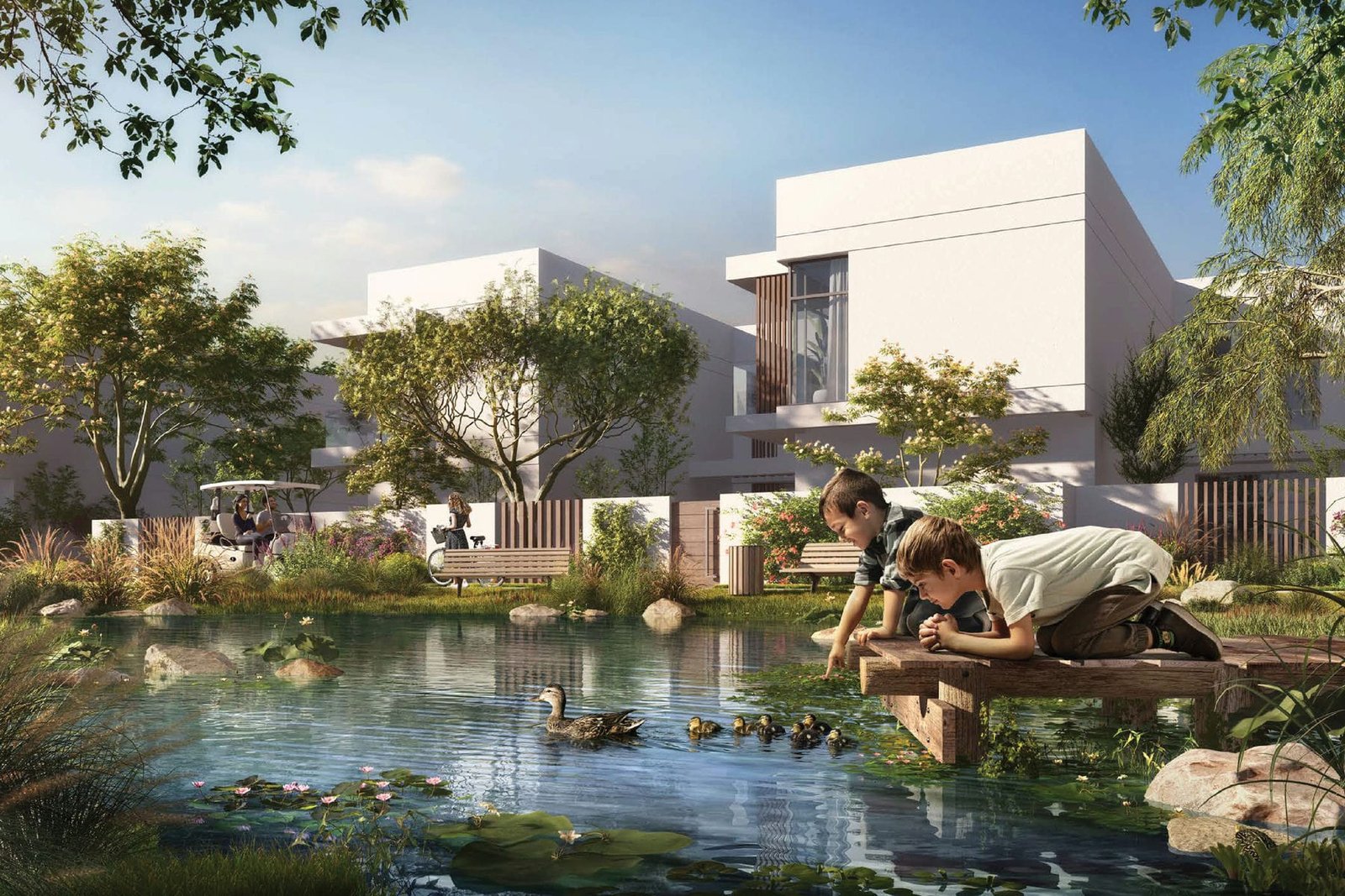 Artistic view of The Sustainable City community with environmental sustainability features, urban farms, and eco-friendly lifestyle in the background