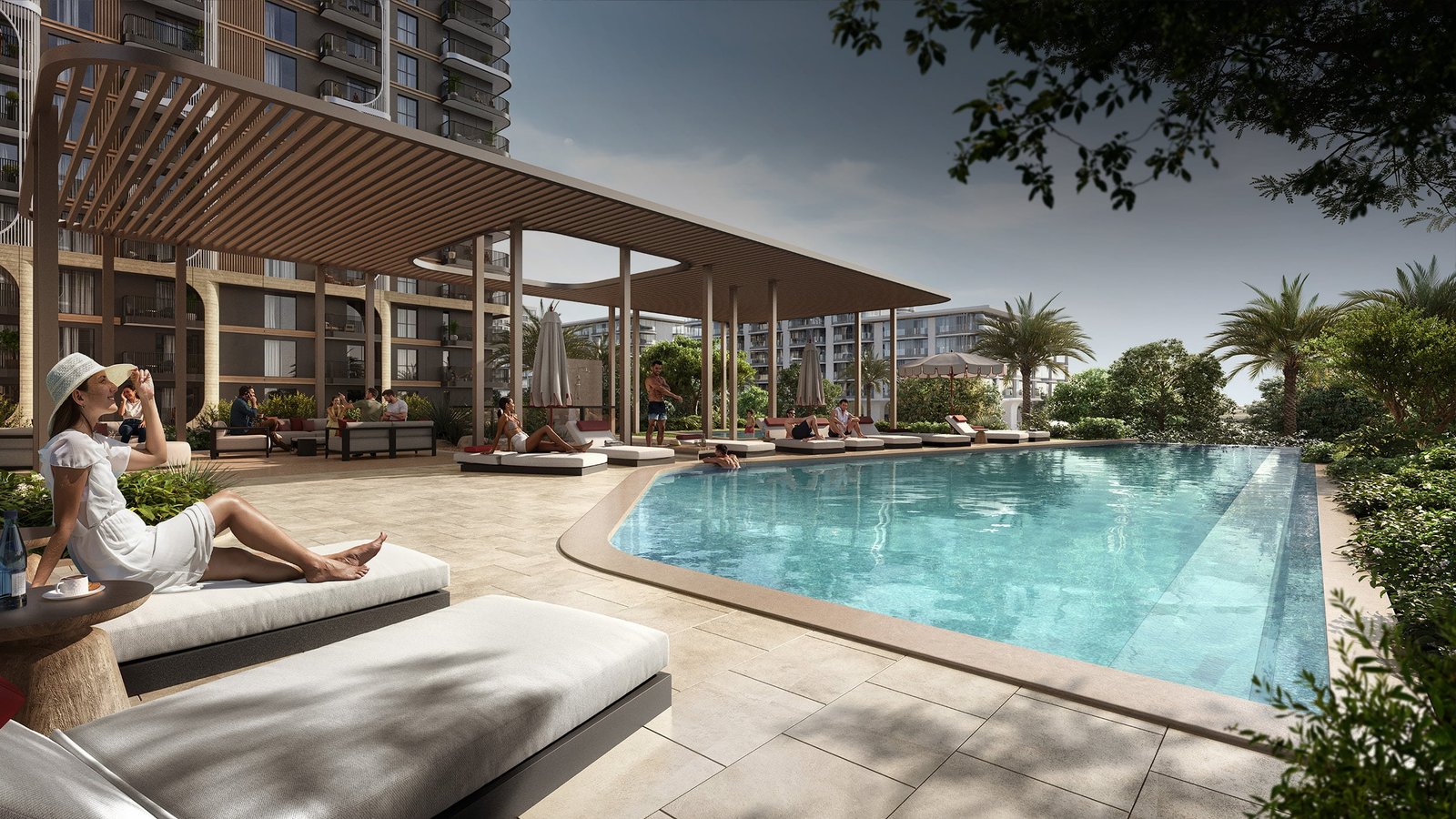 Rooftop infinity pool at Yas Living by Aldar, Yas Island, offering a relaxing view of Abu Dhabi’s skyline and vibrant surroundings.