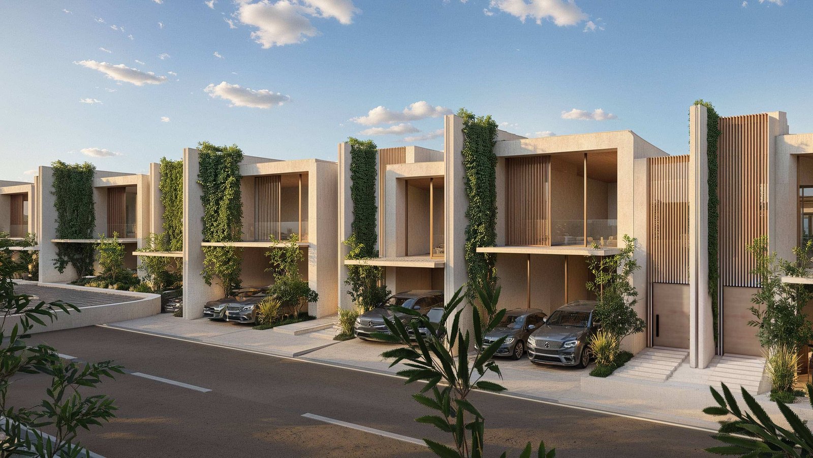 Aerial panorama of Manchester City Yas Residences on Yas Island highlighting waterfront villas, residential clusters, and the master-planned canal communit